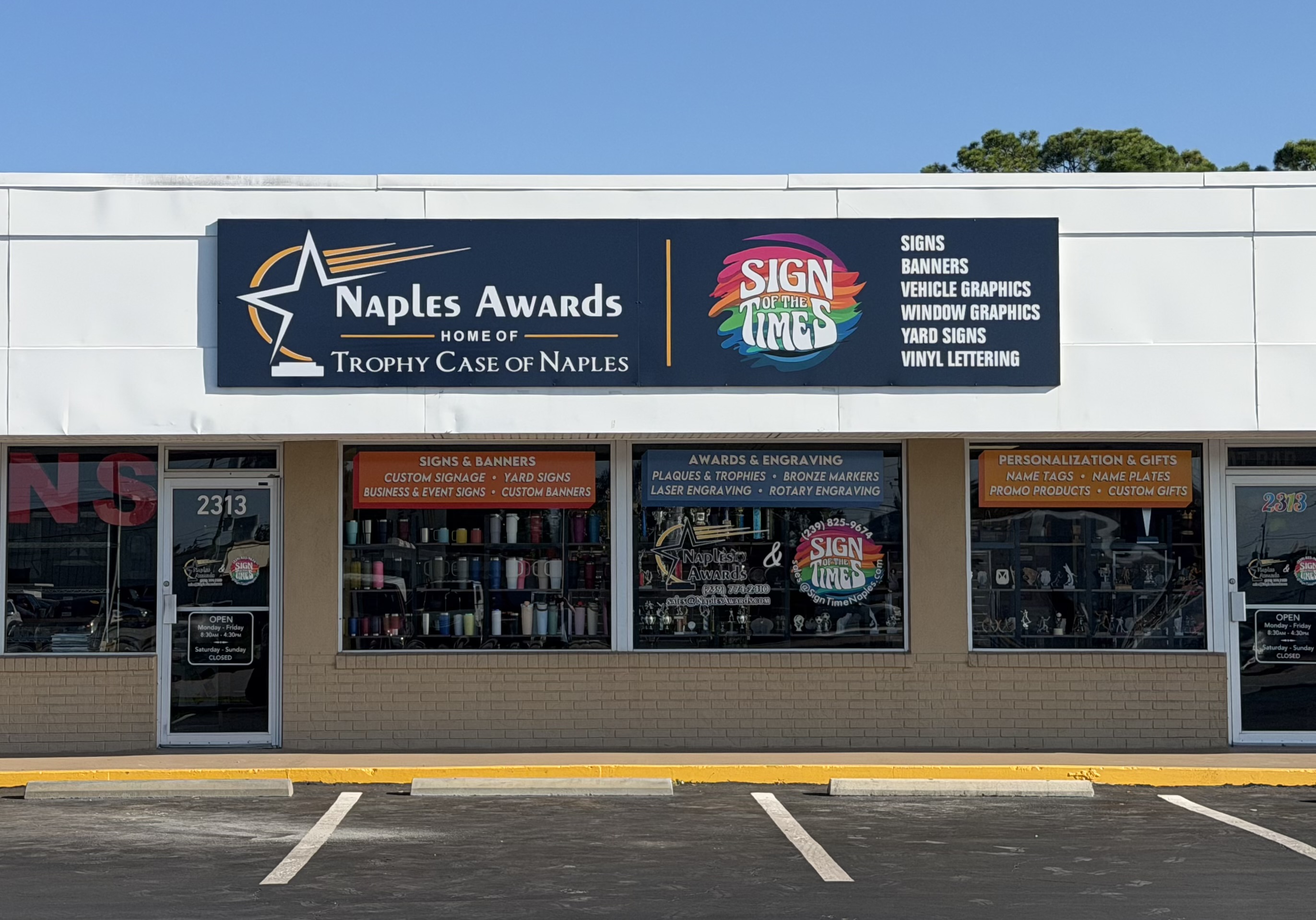 Front signage at the new showroom: Naples Awards, Home of Trophy Case of Naples, 2313 Davis Blvd, Naples
